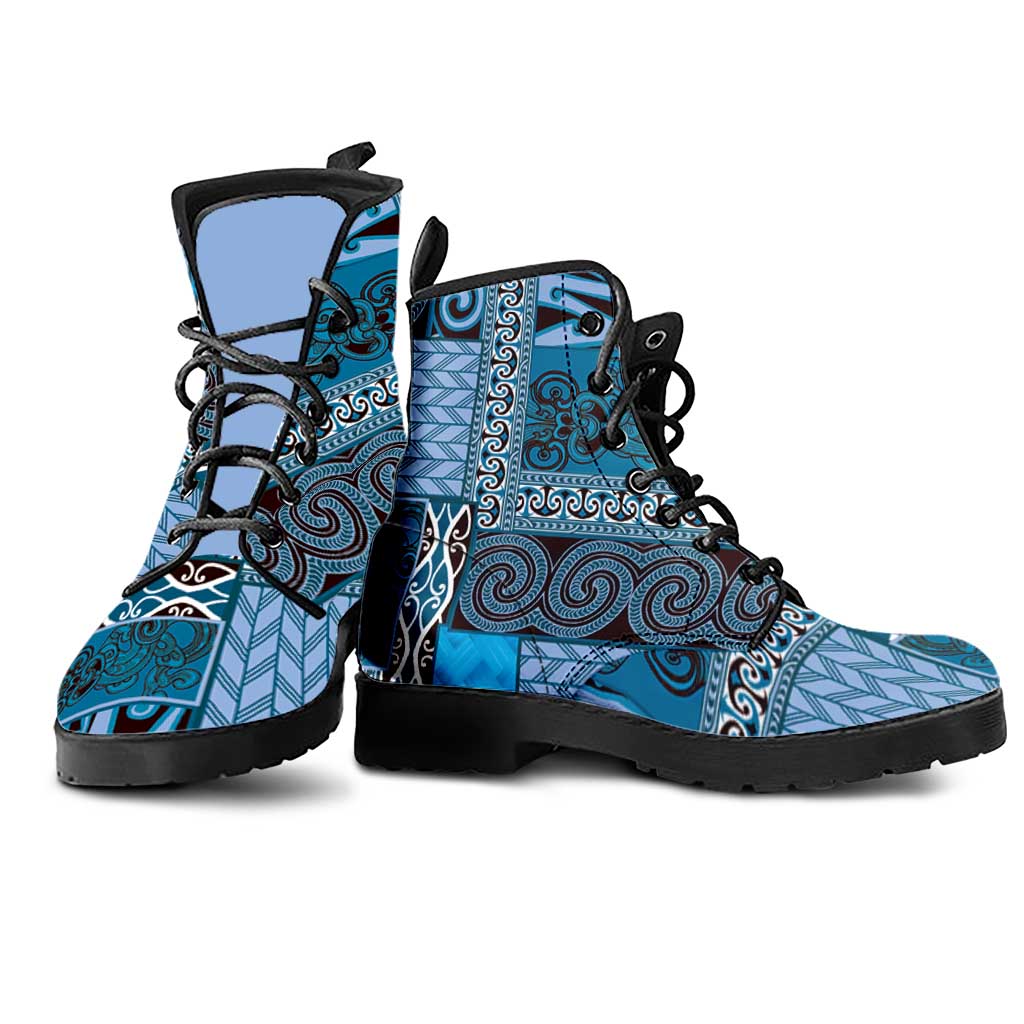 Blue Aotearoa Kowhaiwhai Pattern Leather Boots NZ Maori Quilt Style - Polynesian Pride