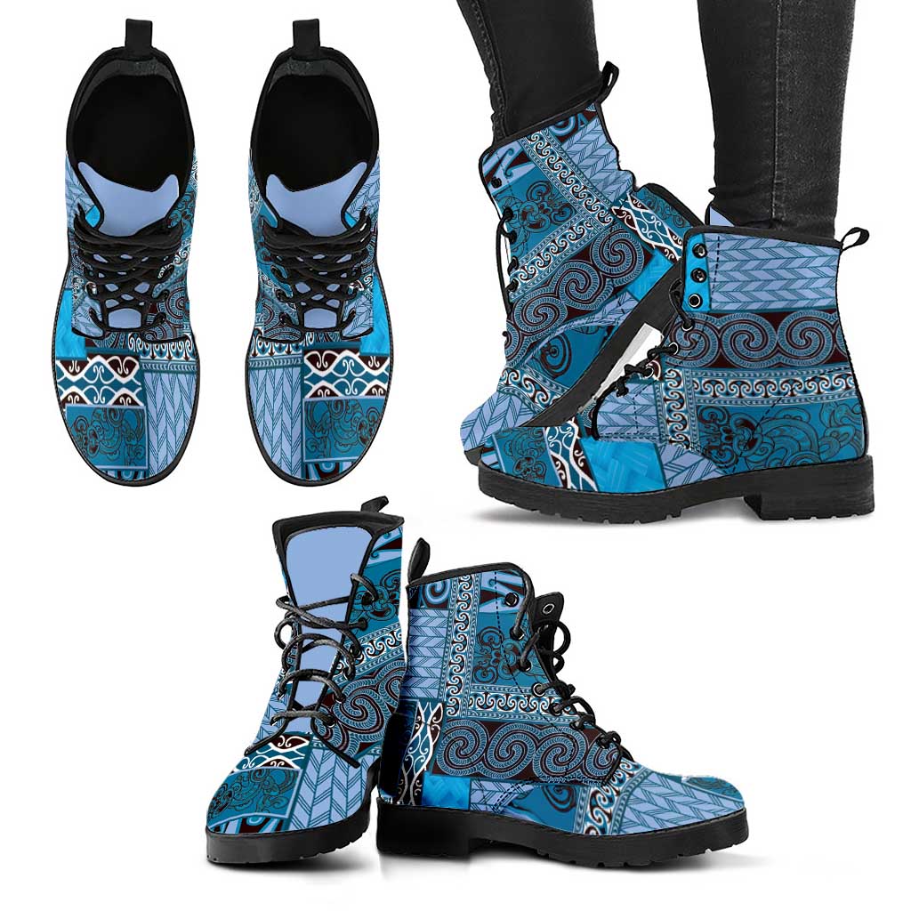 Blue Aotearoa Kowhaiwhai Pattern Leather Boots NZ Maori Quilt Style - Polynesian Pride