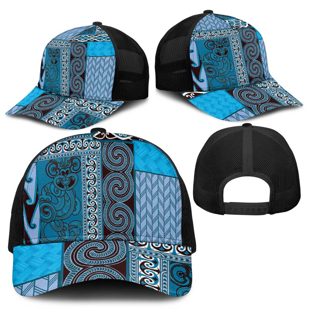 Blue Aotearoa Kowhaiwhai Pattern Mesh Trucker Cap NZ Maori Quilt Style - Polynesian Pride