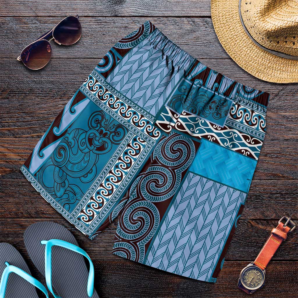 Blue Aotearoa Kowhaiwhai Pattern Shorts for Men NZ Maori Quilt Style - Polynesian Pride