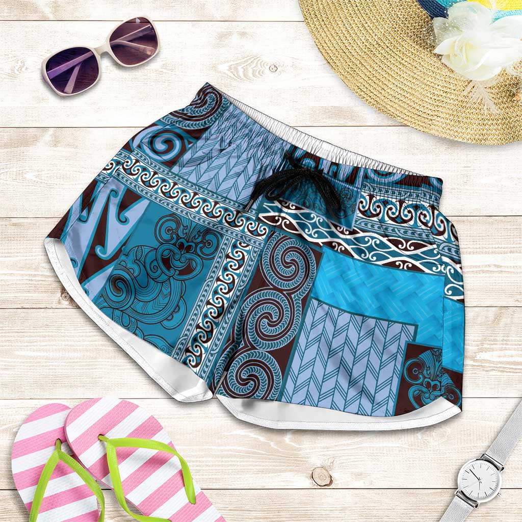 Blue Aotearoa Kowhaiwhai Pattern Shorts for Women NZ Maori Quilt Style LT14 Blue - Polynesian Pride
