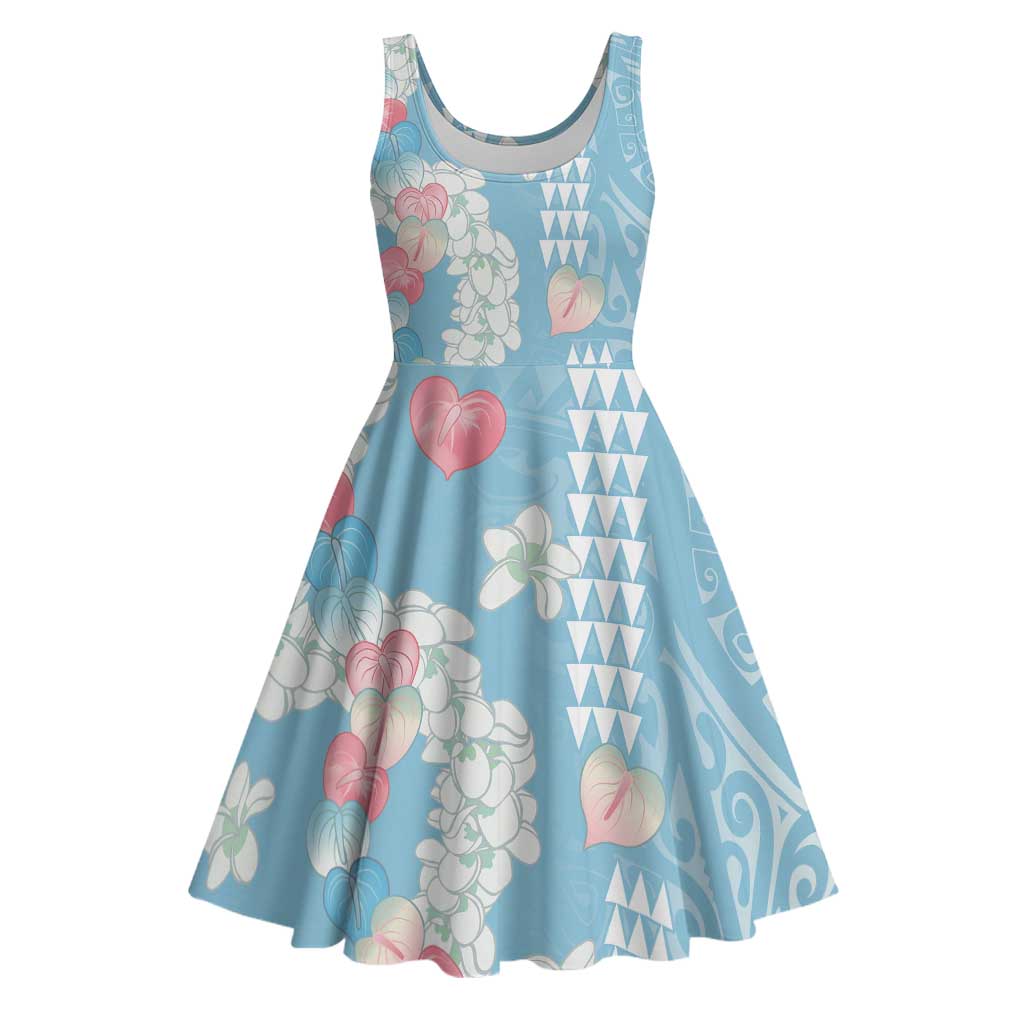 Blue Hawaii Anthurium Plumeria Lei Midi Dress