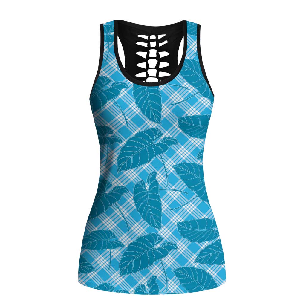Blue Hawaii Kalo Palaka Motifs Hollow Tank Top Hawaiian Taro Leaves Elegant Vibes