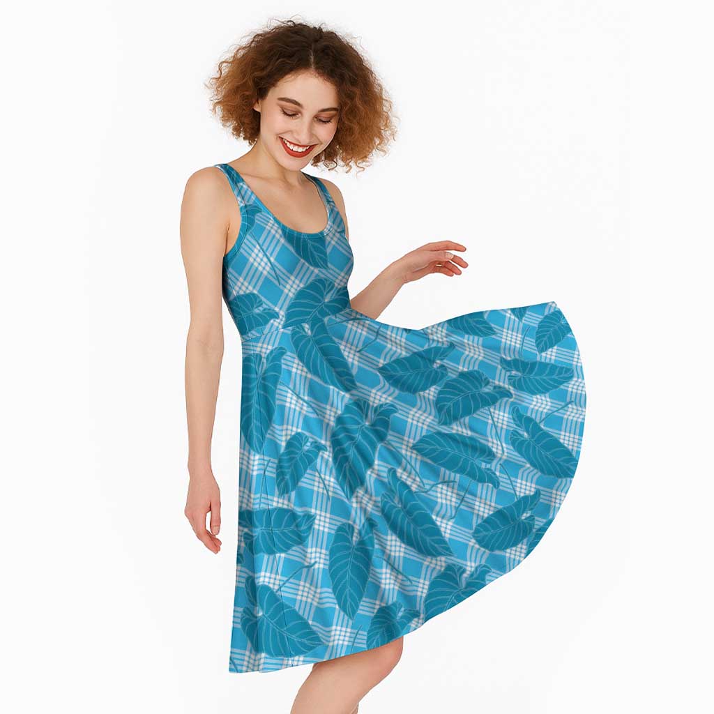 Blue Hawaii Kalo Palaka Motifs Midi Dress Hawaiian Taro Leaves Elegant Vibes LT14 - Polynesian Pride