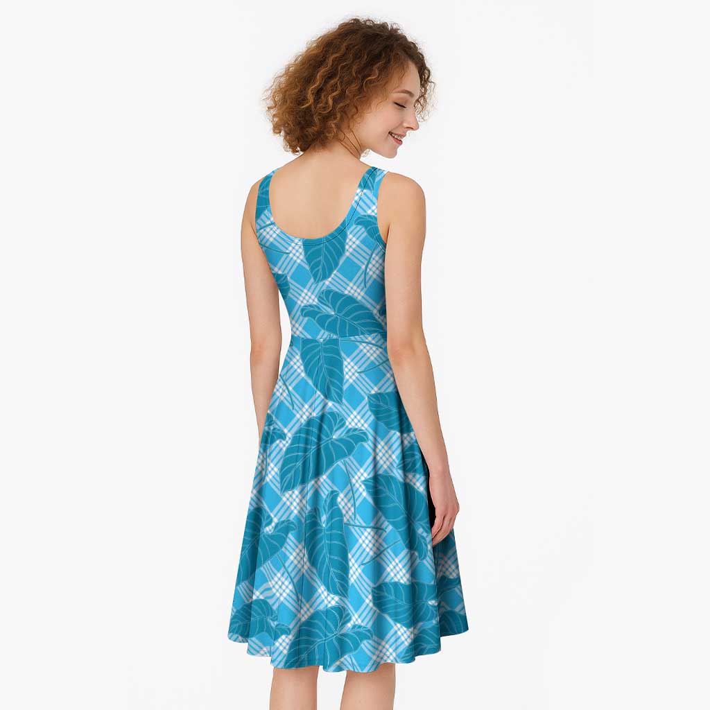 Blue Hawaii Kalo Palaka Motifs Midi Dress Hawaiian Taro Leaves Elegant Vibes LT14 - Polynesian Pride