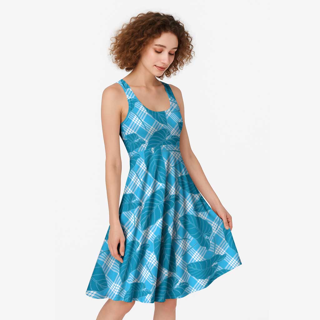 Blue Hawaii Kalo Palaka Motifs Midi Dress Hawaiian Taro Leaves Elegant Vibes LT14 - Polynesian Pride