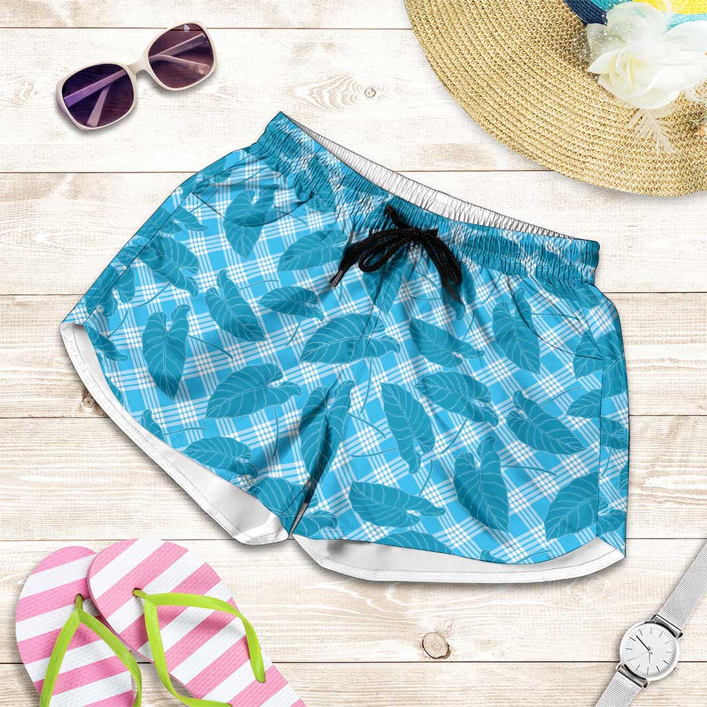 Blue Hawaii Kalo Palaka Motifs Shorts for Women Hawaiian Taro Leaves Elegant Vibes LT14 Blue - Polynesian Pride