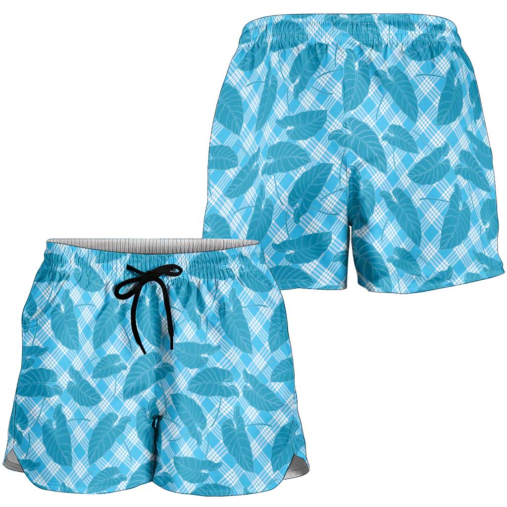 Blue Hawaii Kalo Palaka Motifs Shorts for Women Hawaiian Taro Leaves Elegant Vibes LT14 - Polynesian Pride
