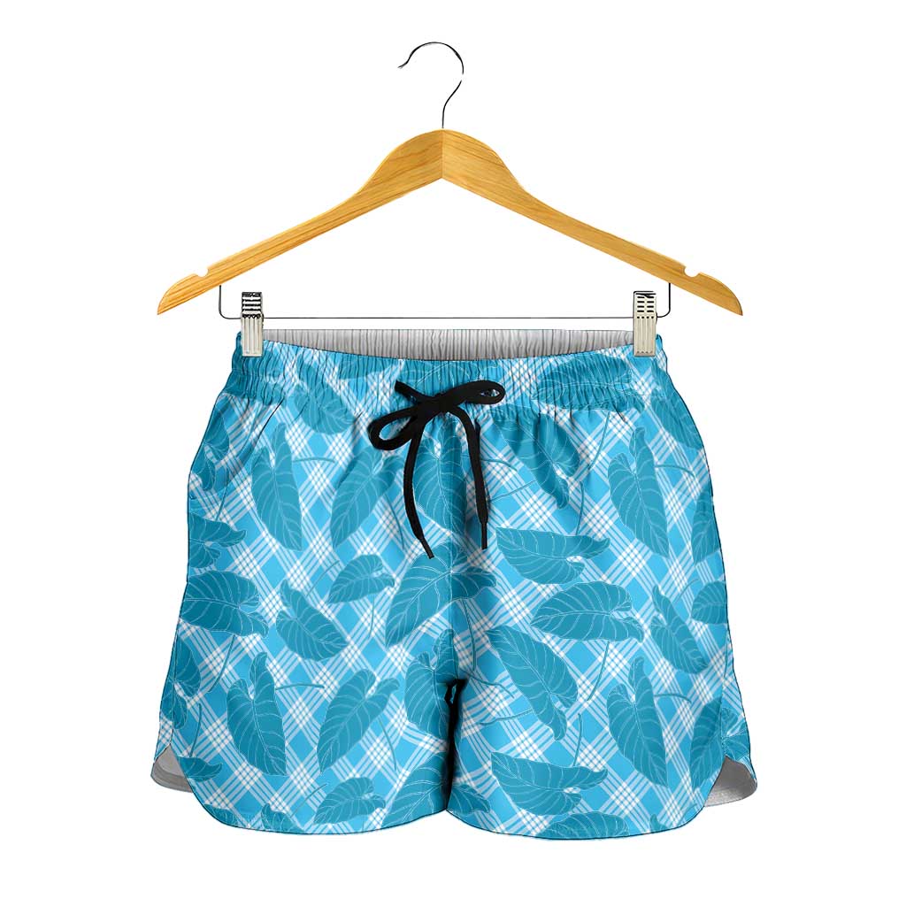 Blue Hawaii Kalo Palaka Motifs Shorts for Women Hawaiian Taro Leaves Elegant Vibes LT14 - Polynesian Pride