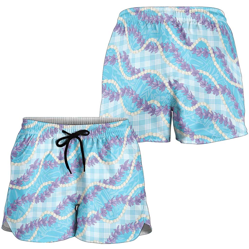 Blue Hawaii Palaka Honohono Pikake Shorts for Women Hawaiian Orchid Lei Polynesian Pattern - Polynesian Pride