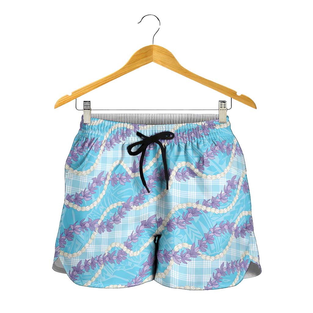 Blue Hawaii Palaka Honohono Pikake Shorts for Women Hawaiian Orchid Lei Polynesian Pattern - Polynesian Pride