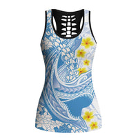 Blue Hawaii Shark Tattoo Hollow Tank Top Puakenikeni Lei Plumeria Polynesian Pattern