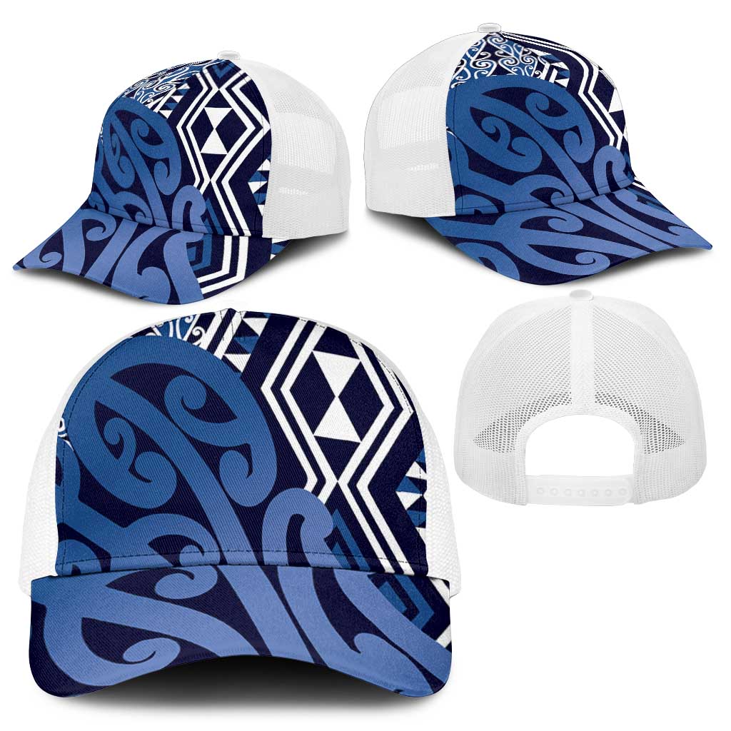 Blue New Zealand Baseball Net Cap Aotearoa Kowhaiwhai Mix Taniko Art - Polynesian Pride