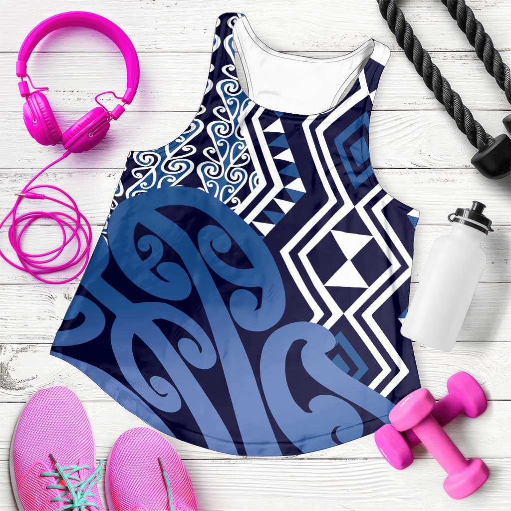 Blue New Zealand Women Racerback Tank Aotearoa Kowhaiwhai Mix Taniko Art LT14 Blue - Polynesian Pride