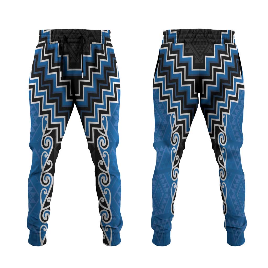 Blue Niho Taniwha Mix Poutama Jogger Pants Unique Taniko Aotearoa LT01 Blue - Polynesian Pride