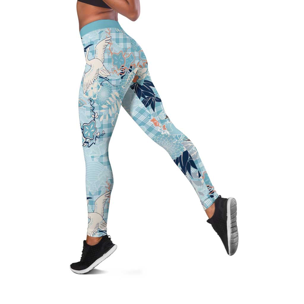 Blue Palaka Crane and Flowers Leggings Japan Heritage Spirit - Polynesian Pride