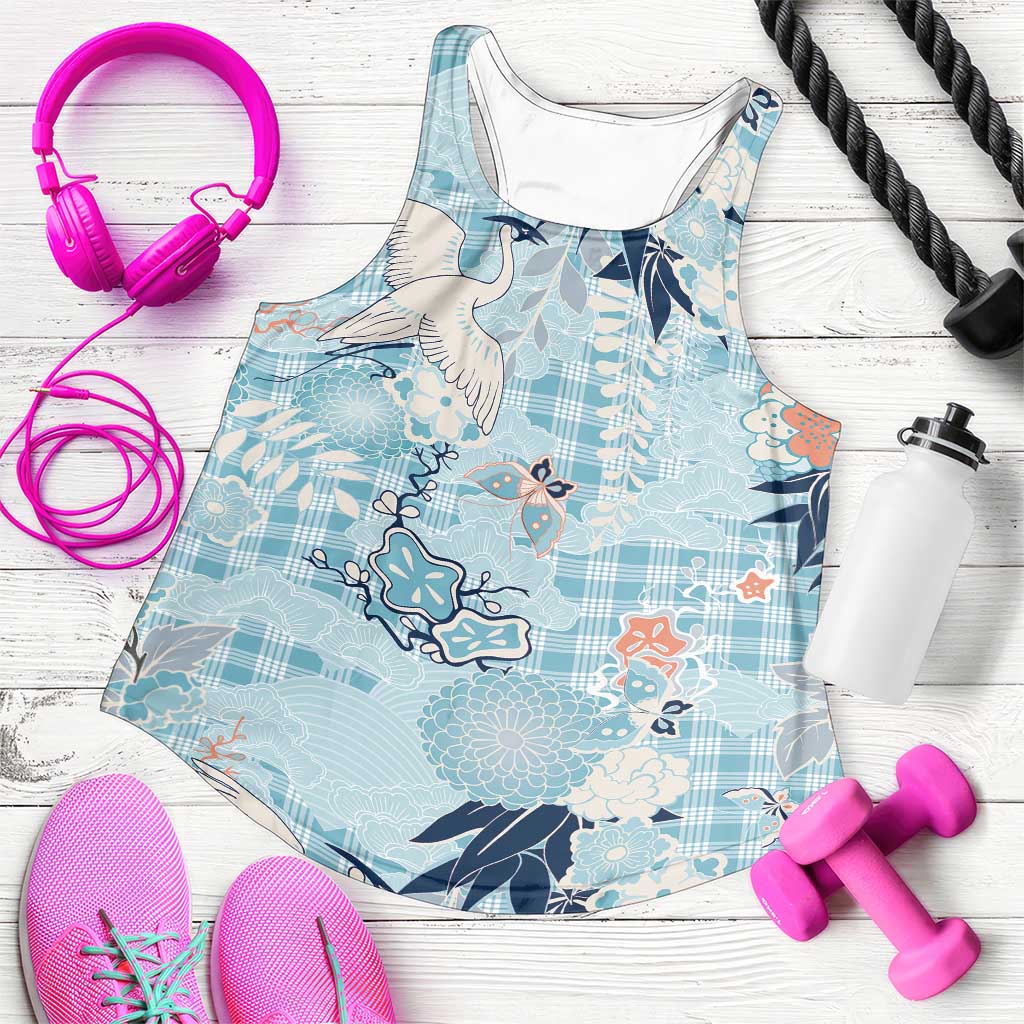 Blue Palaka Crane and Flowers Women Racerback Tank Japan Heritage Spirit LT9 Blue - Polynesian Pride