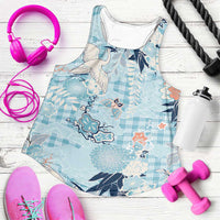 Blue Palaka Crane and Flowers Women Racerback Tank Japan Heritage Spirit LT9 Blue - Polynesian Pride