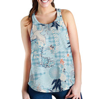 Blue Palaka Crane and Flowers Women Racerback Tank Japan Heritage Spirit LT9 - Polynesian Pride
