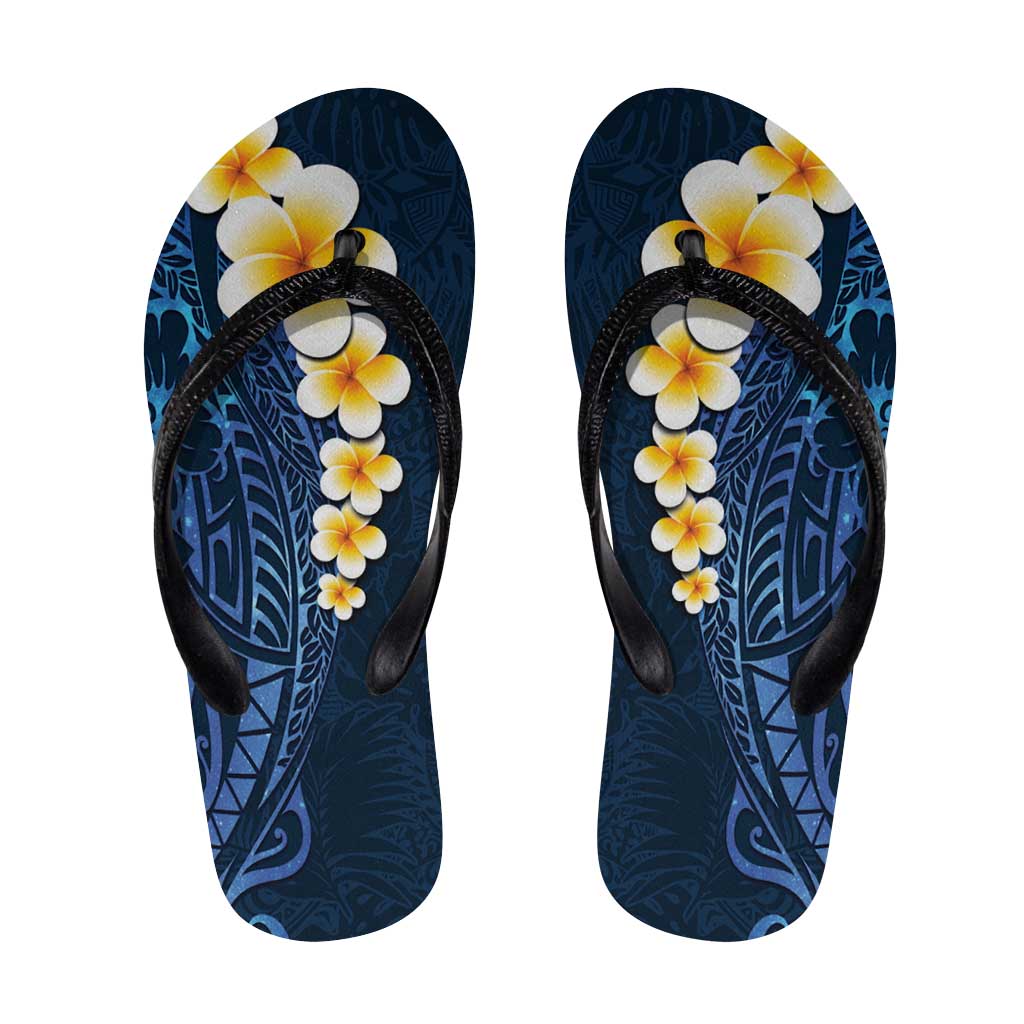 Blue Polynesia Flip Flops Plumeria Tropical Leaves Galaxy Polynesian Art - Polynesian Pride