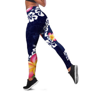 Blue Polynesia Leggings Plumeria With Hibiscus Pattern Tropical Vibes LT14 Blue - Polynesian Pride