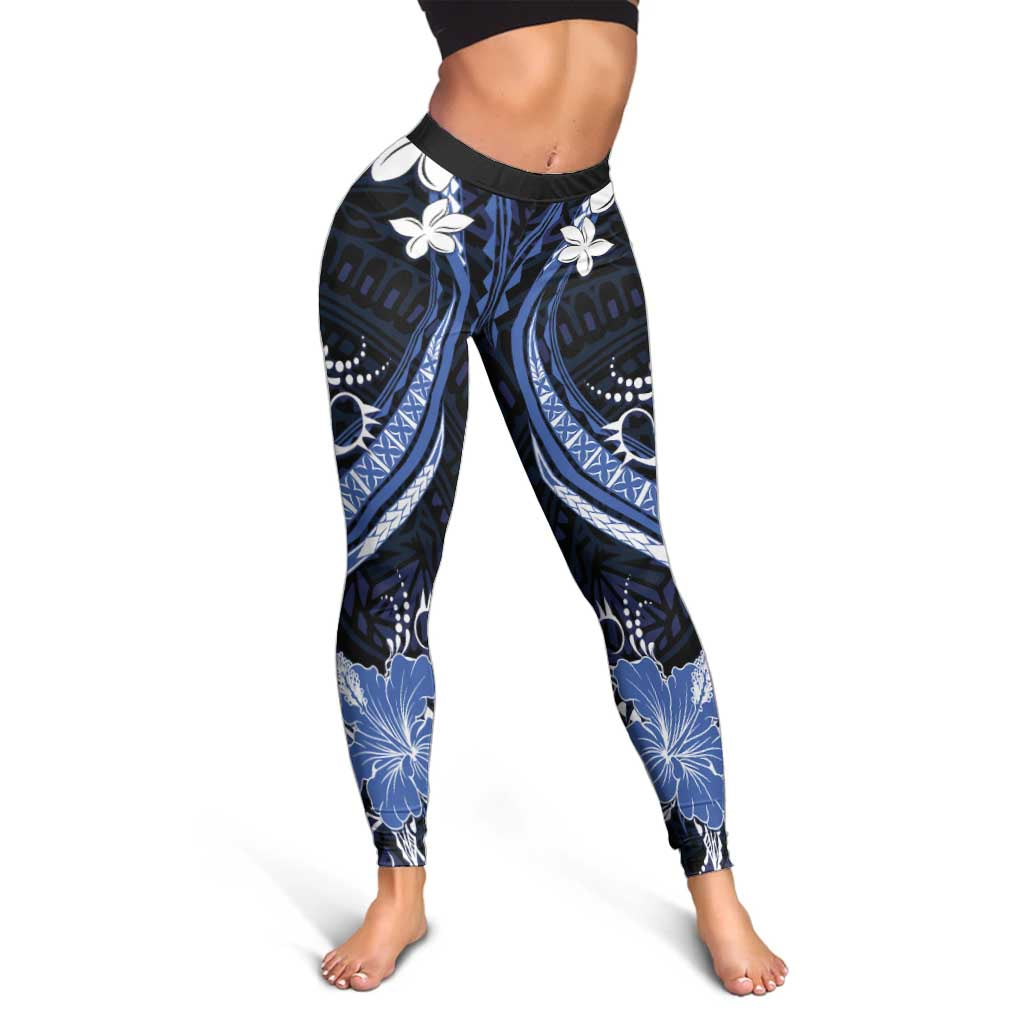 Blue Polynesian Pattern With Tropical Flowers Leggings LT05 - Polynesian Pride