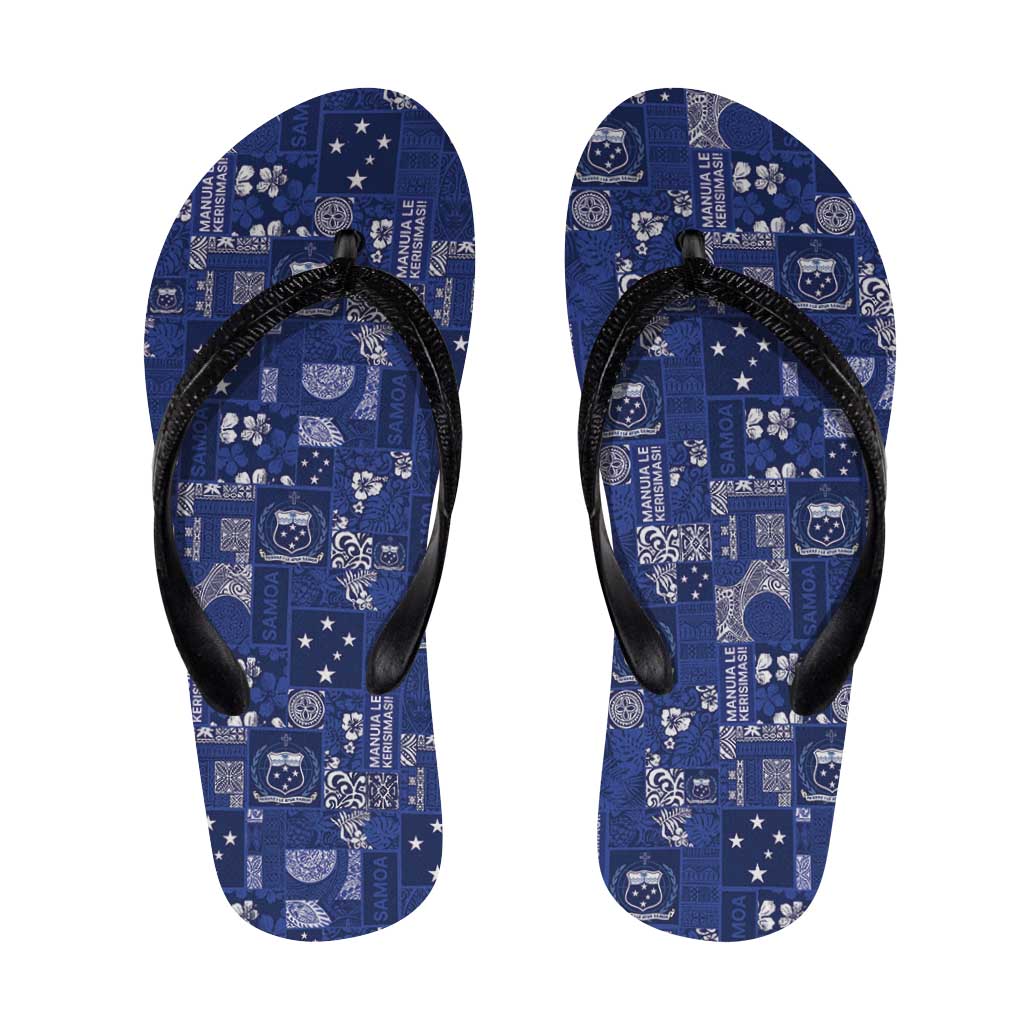 Blue Samoa Manuia Le Kerisimasi Flip Flops Pacific Patchwork Xmas Vibes - Polynesian Pride