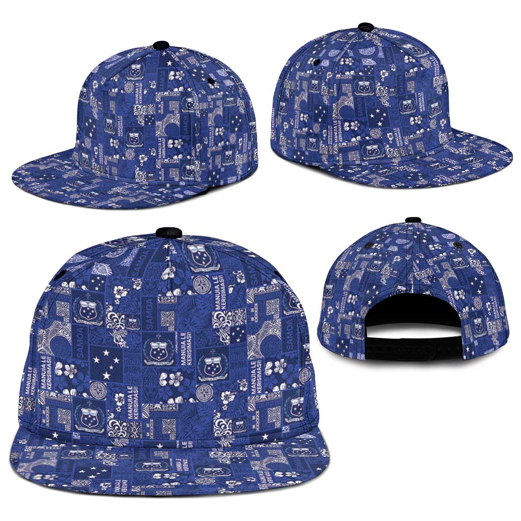 Blue Samoa Manuia Le Kerisimasi Snapback Cap Pacific Patchwork Xmas Vibes - Polynesian Pride