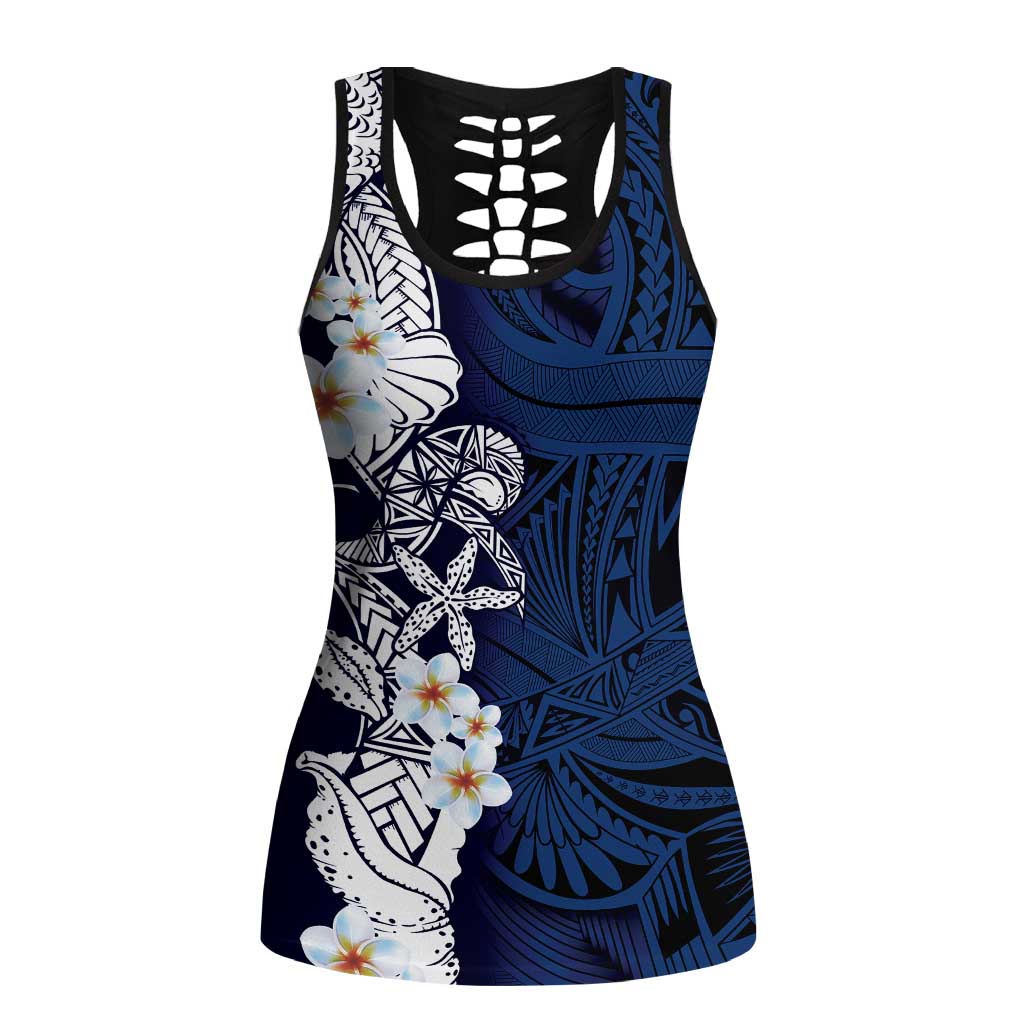 Blue Samoa Tattoo Hollow Tank Top Plumeria Samoan Ocean Tatau Pattern - Polynesian Pride