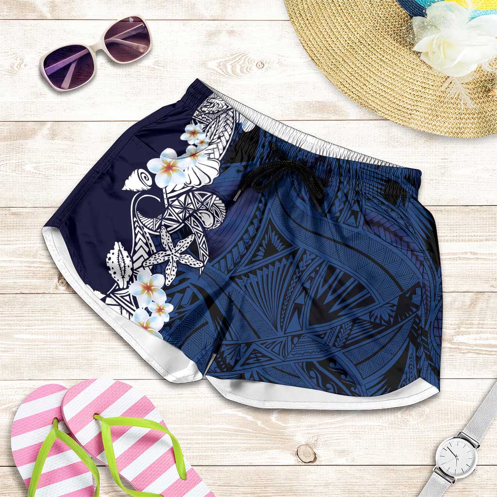 Blue Samoa Tattoo Shorts for Women Plumeria Samoan Ocean Tatau Pattern - Polynesian Pride