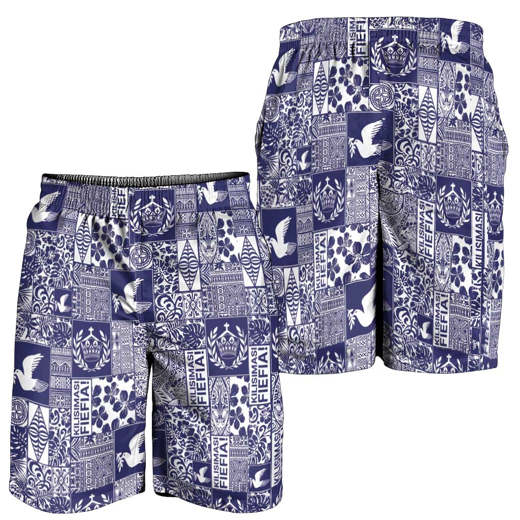 Blue Tonga Kilisimasi Fiefia Shorts for Men Pacific Patchwork Xmas Vibes - Polynesian Pride