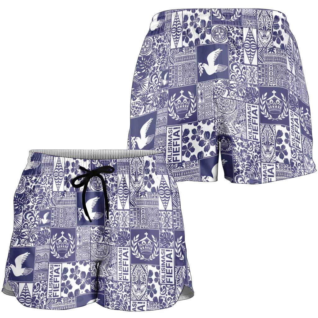 Blue Tonga Kilisimasi Fiefia Shorts for Women Pacific Patchwork Xmas Vibes - Polynesian Pride