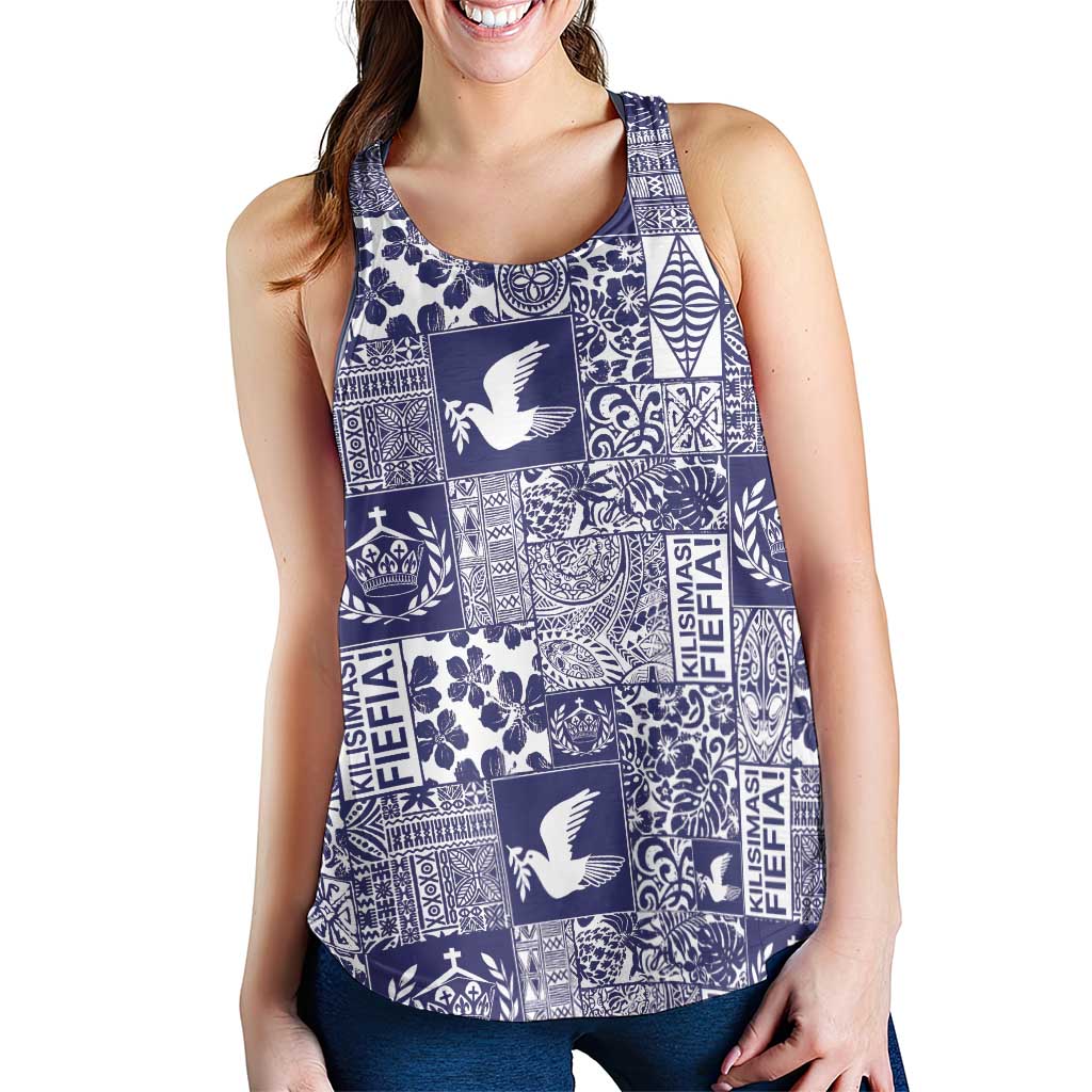 Blue Tonga Kilisimasi Fiefia Women Racerback Tank Pacific Patchwork Xmas Vibes - Polynesian Pride