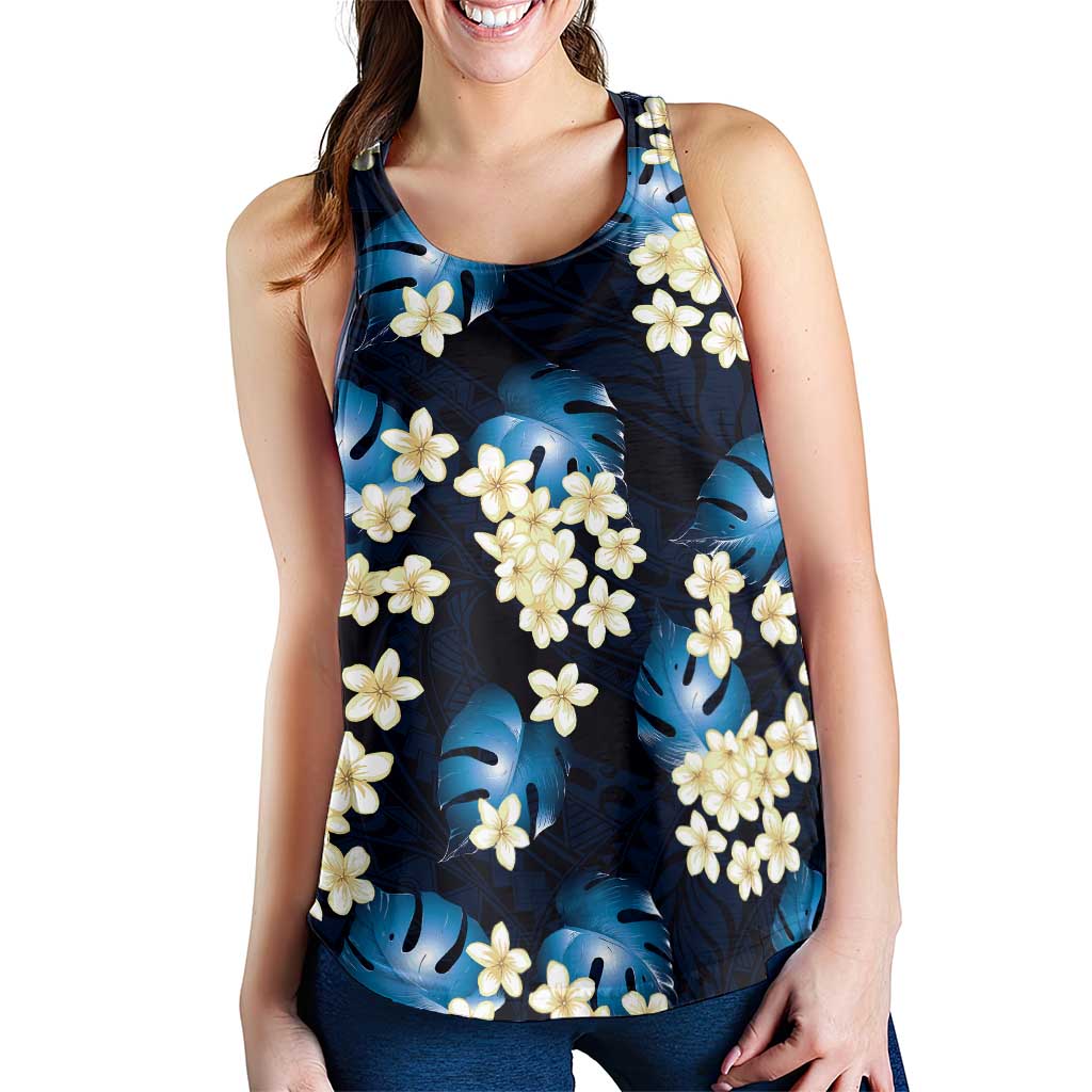 Blue Tropical Hawaii Women Racerback Tank Seamless Monstera Plumeria Hawaiian Pattern - Polynesian Pride