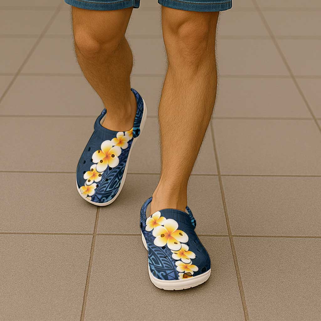 Blue Tropical Plumeria With Galaxy Polynesian Art Clogs Shoes