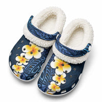 Blue Tropical Plumeria With Galaxy Polynesian Art Fleece Clogs