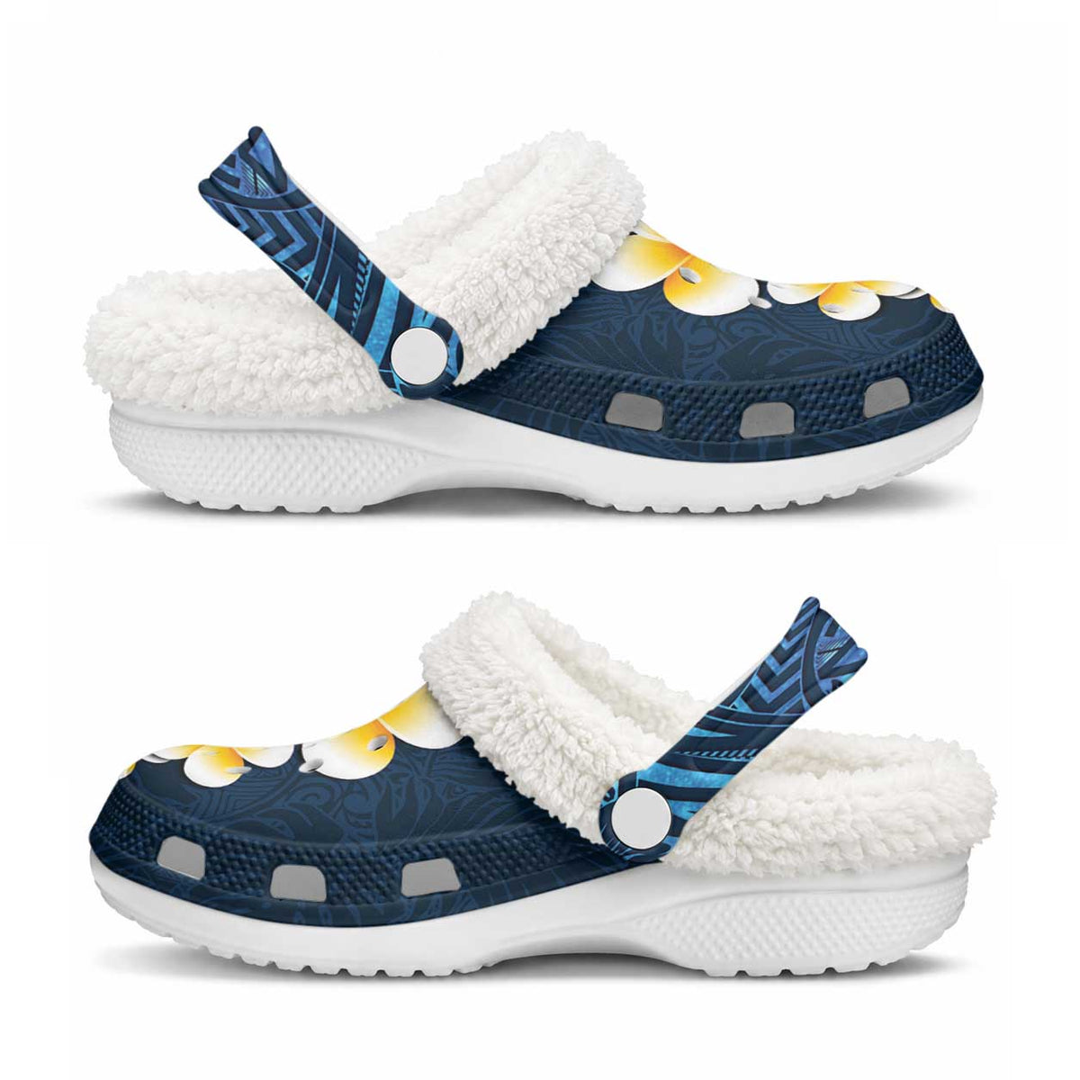 Blue Tropical Plumeria With Galaxy Polynesian Art Fleece Clogs