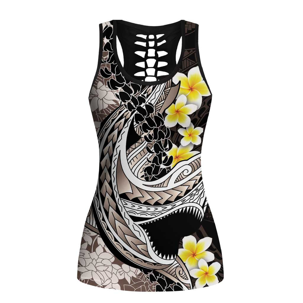 Brown and Black Hawaii Shark Tattoo Hollow Tank Top Puakenikeni Lei Plumeria Polynesian Pattern LT14 Female Black - Polynesian Pride