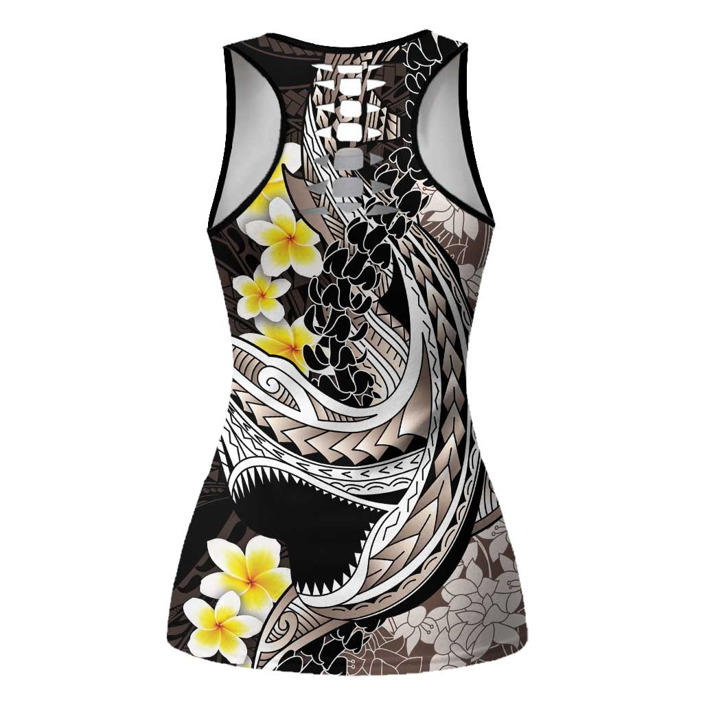 Brown and Black Hawaii Shark Tattoo Hollow Tank Top Puakenikeni Lei Plumeria Polynesian Pattern LT14 - Polynesian Pride