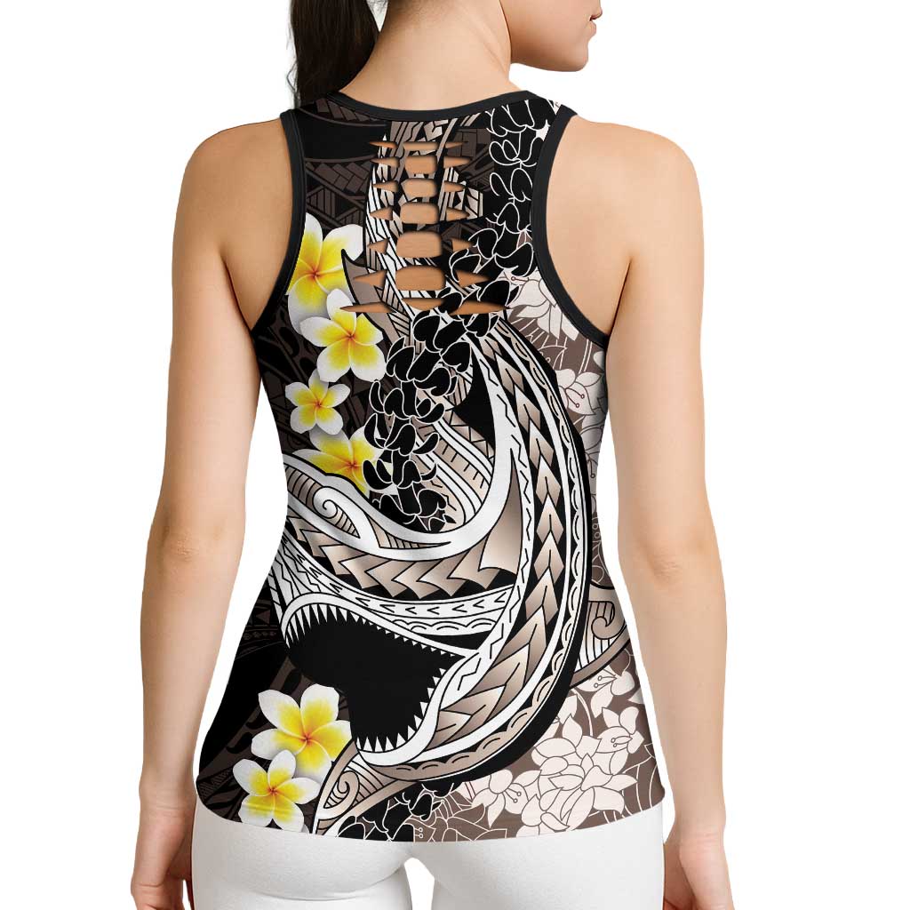 Brown and Black Hawaii Shark Tattoo Hollow Tank Top Puakenikeni Lei Plumeria Polynesian Pattern LT14 - Polynesian Pride