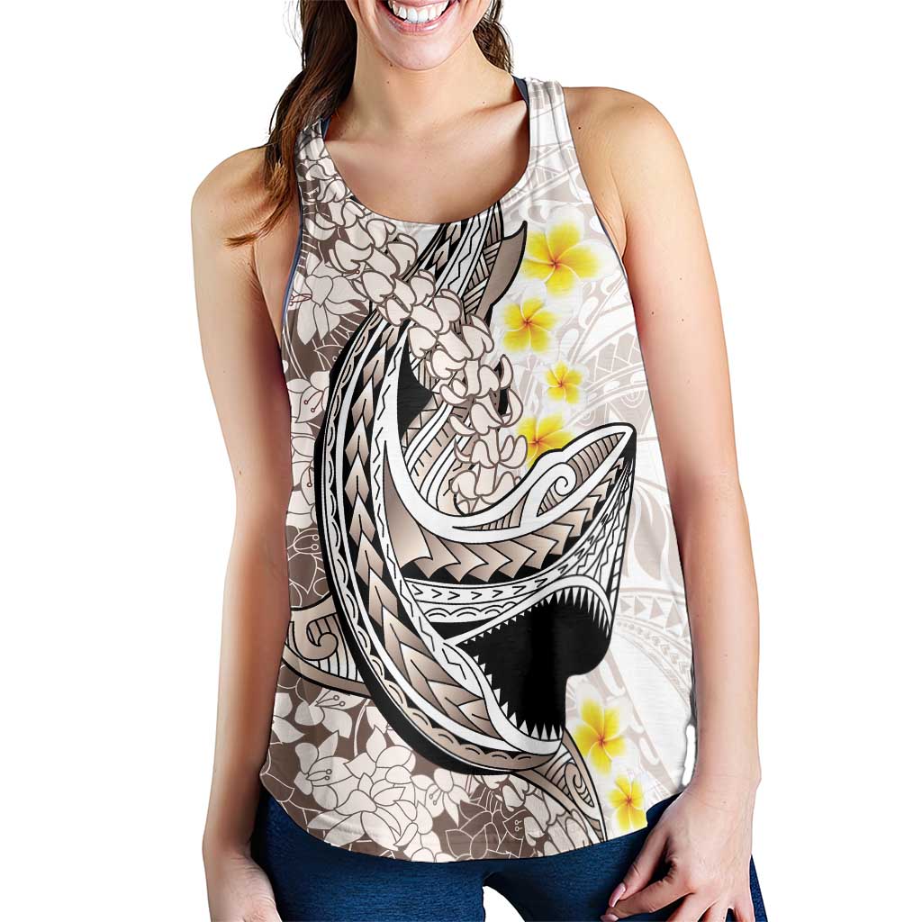 Brown and White Hawaii Shark Tattoo Women Racerback Tank Puakenikeni Lei Plumeria Polynesian Pattern - Polynesian Pride
