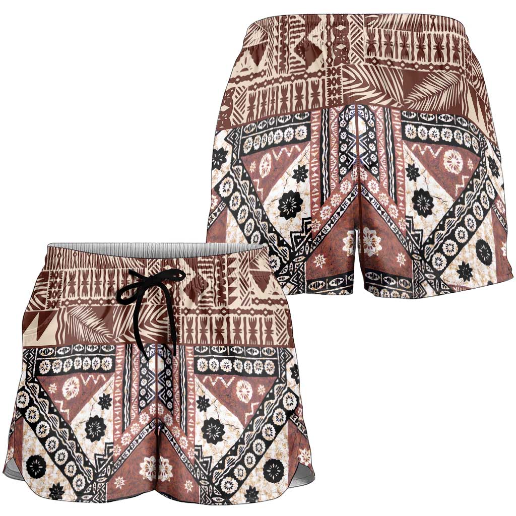 Brown Bula Fiji Shorts for Women Unique Masi Tapa Pattern - Polynesian Pride