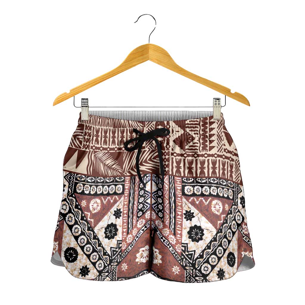 Brown Bula Fiji Shorts for Women Unique Masi Tapa Pattern - Polynesian Pride