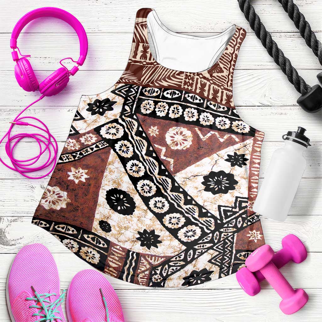 Brown Bula Fiji Women Racerback Tank Unique Masi Tapa Pattern LT14 Brown - Polynesian Pride