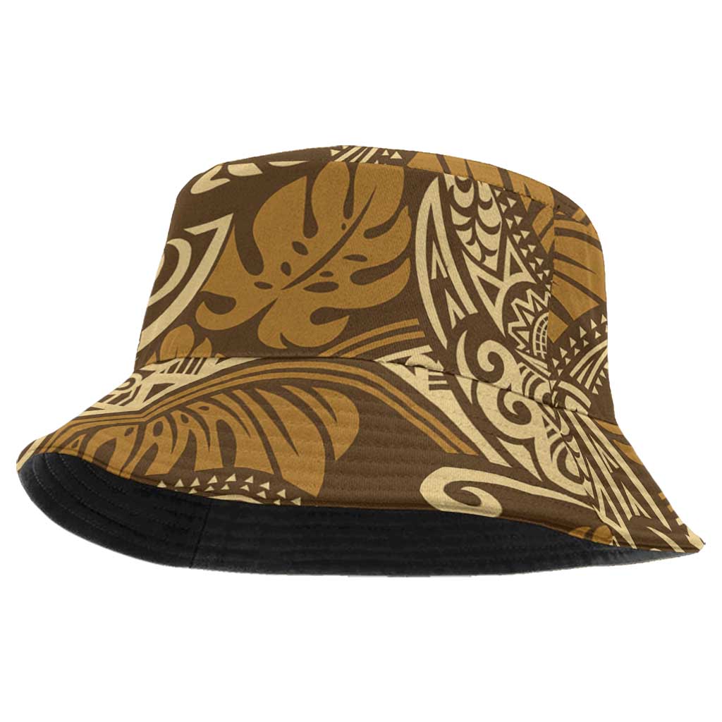 Brown Gold Monstera Bucket Hat Polynesian Tribal Pattern - Polynesian Pride