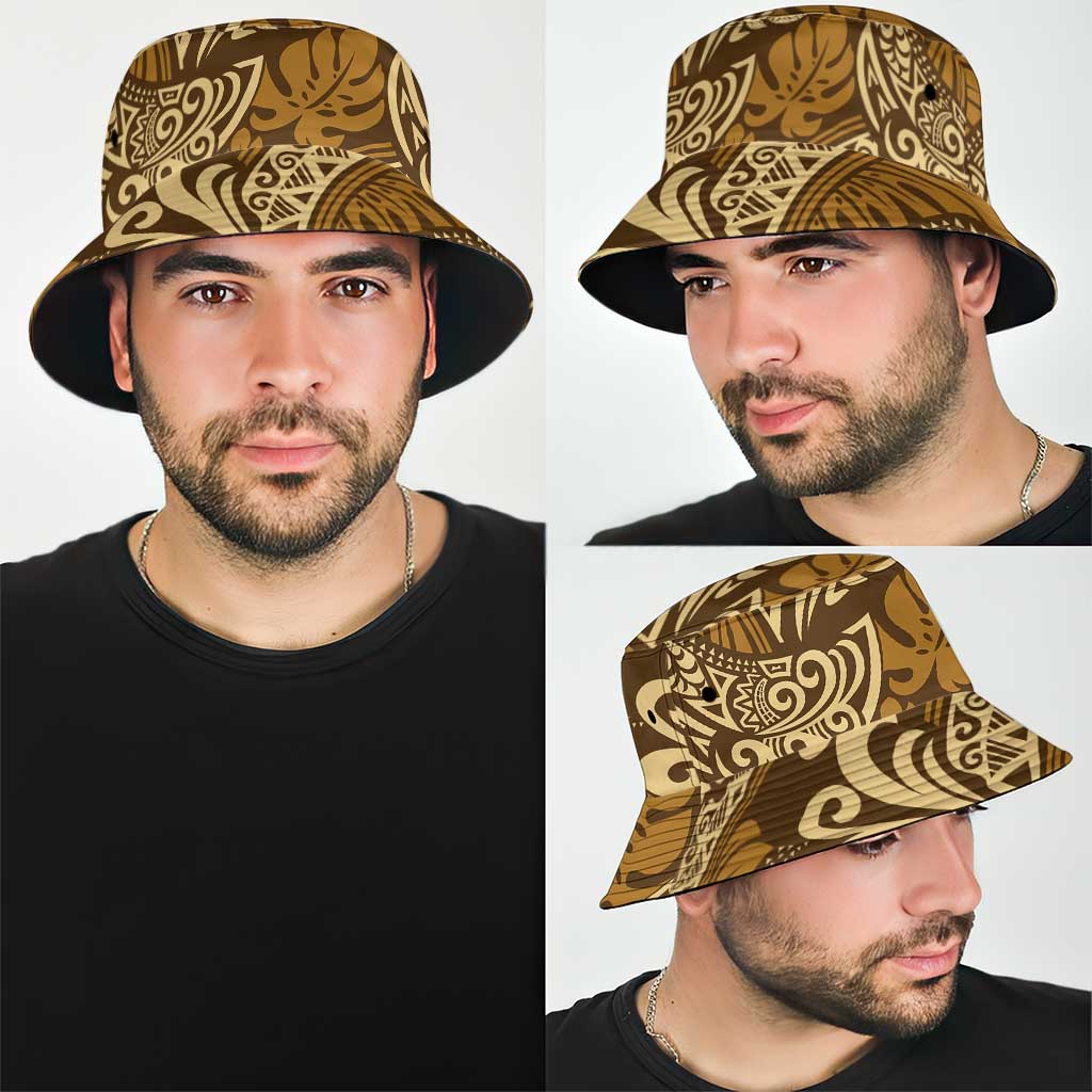 Brown Gold Monstera Bucket Hat Polynesian Tribal Pattern - Polynesian Pride