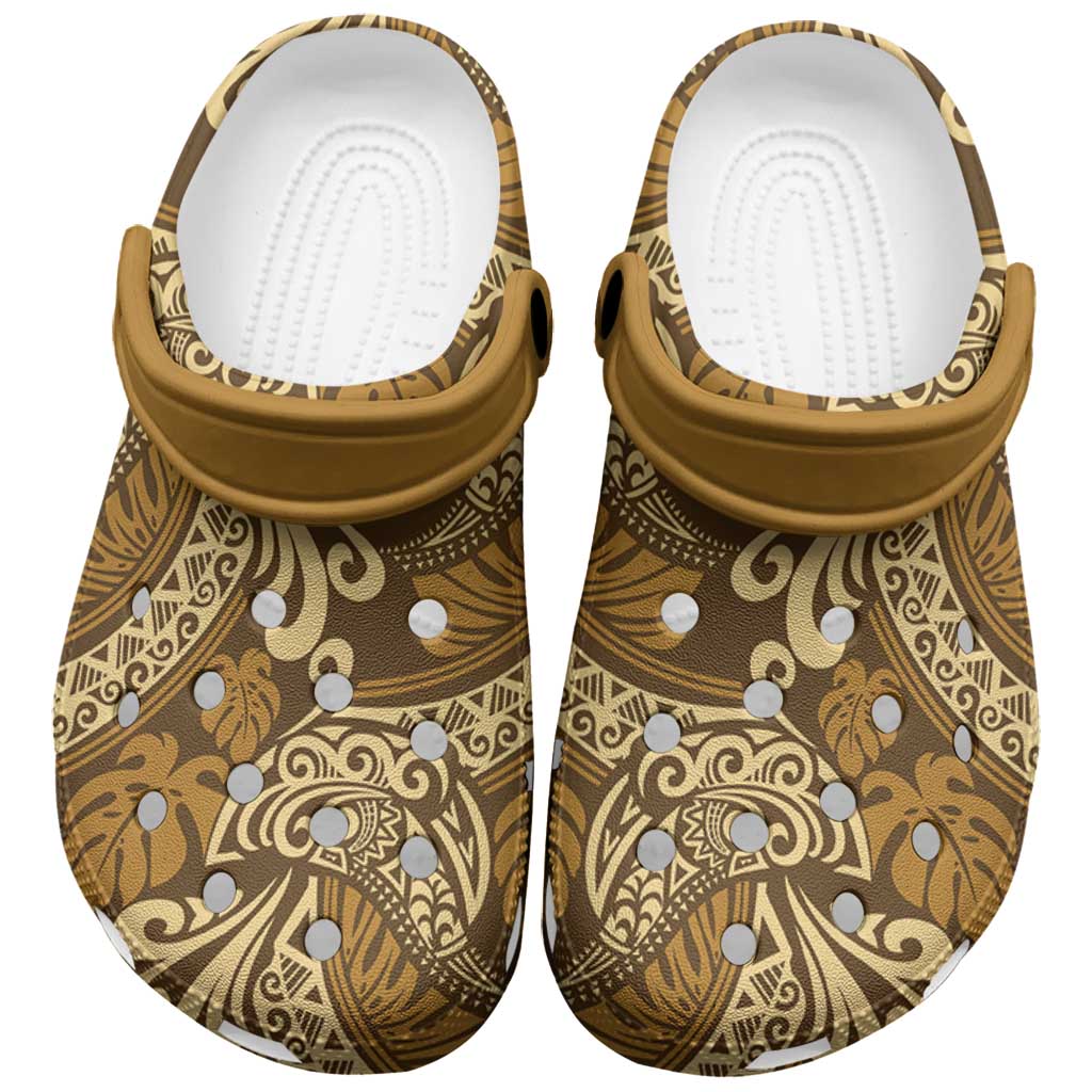 Brown Gold Monstera Clogs Shoes Polynesian Tribal Pattern - Polynesian Pride
