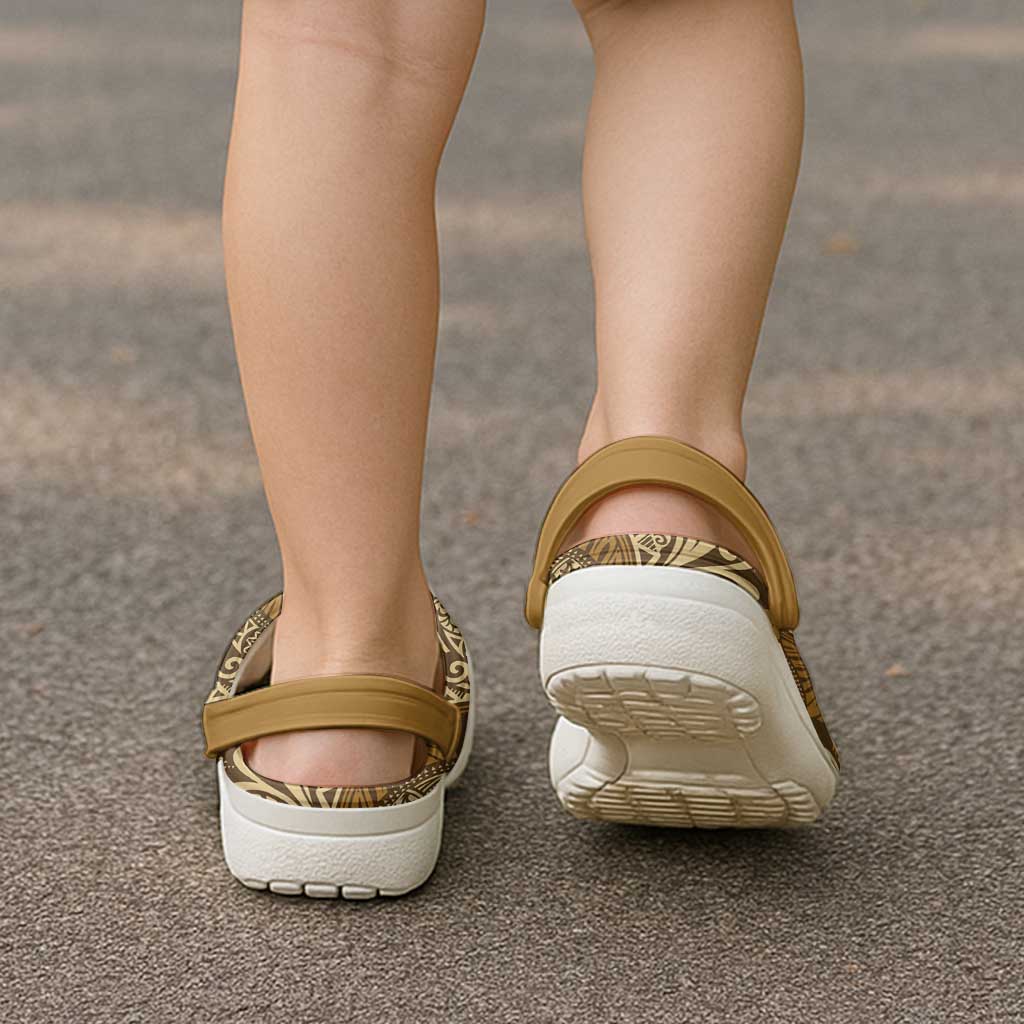 Brown Gold Monstera Clogs Shoes Polynesian Tribal Pattern - Polynesian Pride