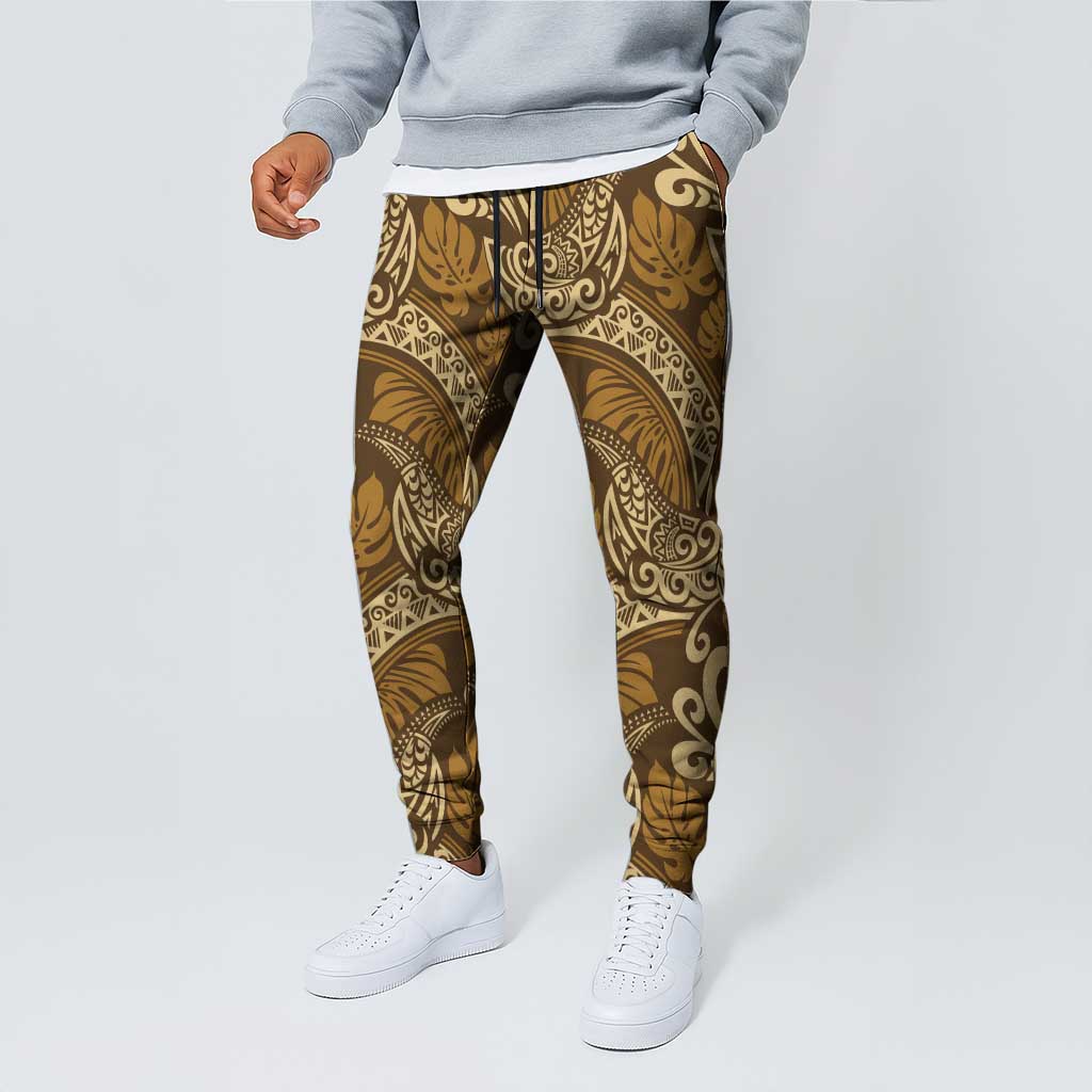 Brown Gold Monstera Jogger Pants Polynesian Tribal Pattern - Polynesian Pride
