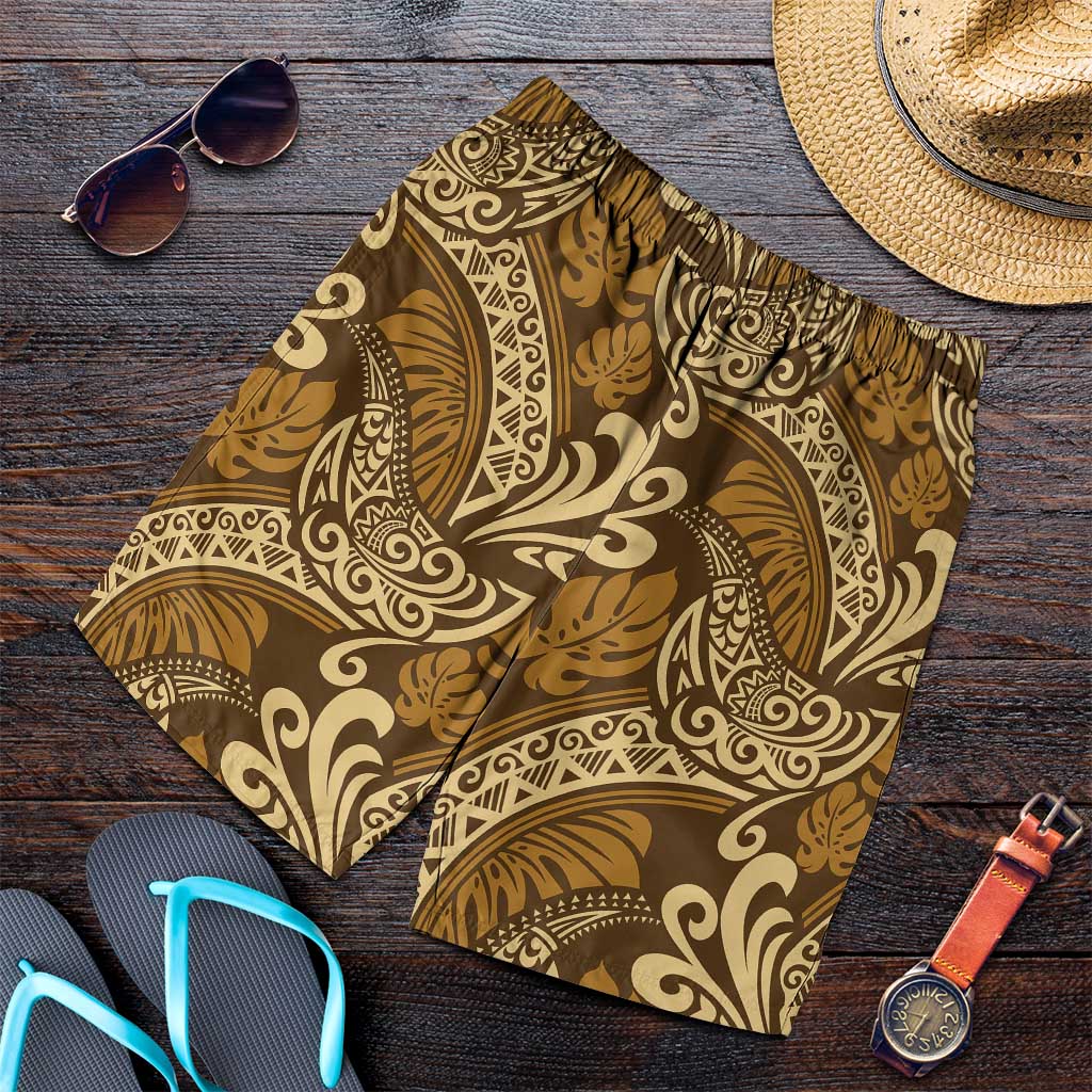 Brown Gold Monstera Shorts for Men Polynesian Tribal Pattern - Polynesian Pride
